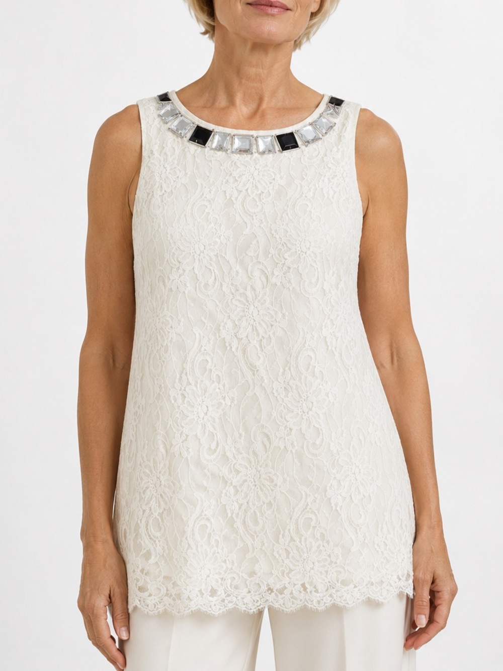 St. John Hand Beaded Lace Sleeveless Top Medium